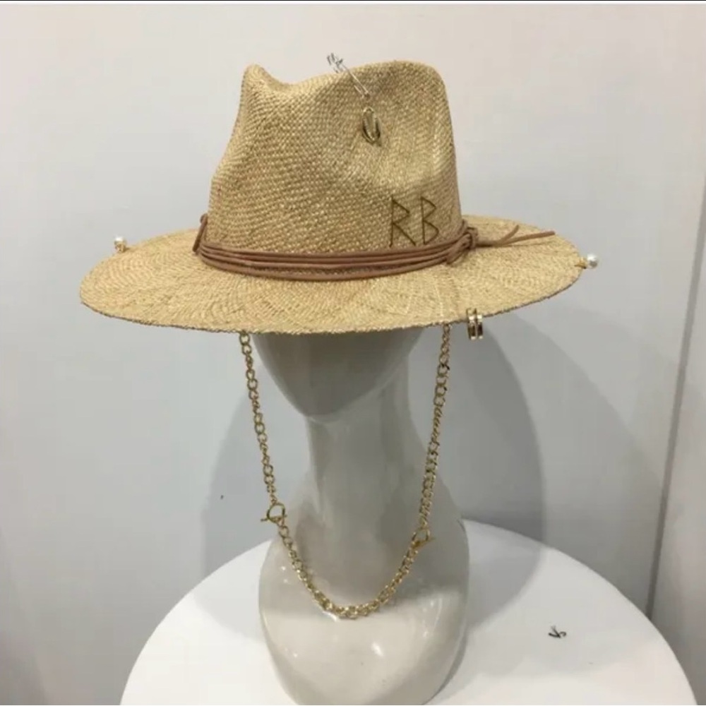 RB Chain Strap Straw Fedora Hat